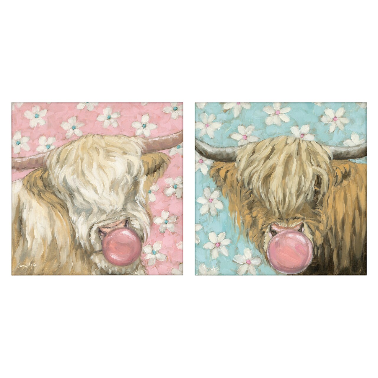 Stupell Industries Cute Bubblegum Highland Cattles 2pc Canvas Set, design by Sara G. Designs